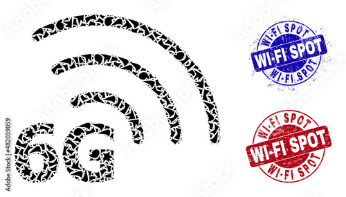 Round WI-FI SPOT corroded rubber prints with text inside round shapes, and fragment mosaic 6G internet icon. Blue and red seals includes WI-FI SPOT text. 6G internet mosaic icon of shards items.