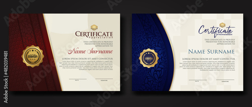 Certificate of achievement and appreciation border template with luxury badge and textured modern floral pattern. For award, business, and education needs