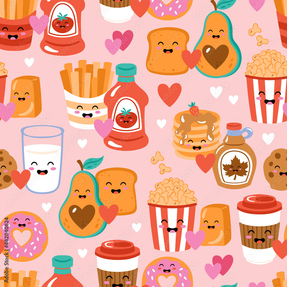 Fototapeta premium Seamless pattern for Valentines day with cute funny food . Childish background for fabric, wrapping paper, textile, wallpaper and apparel
