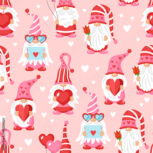 Seamless pattern background for Valentines day holiday  with cute gnome character. Template for wrapping paper, party invitations and cards.