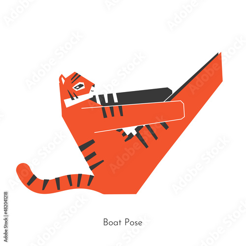 Vector flat isolated illustration with animal character learning yoga. Chinese tiger does core seated asana - Boat pose. Sports balancing exercise - Paripurna Navasana. Concept about healthy lifestyle
