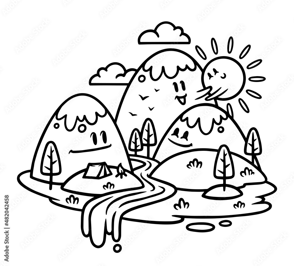 cute mountain and river view line illustration cute mountain and river view line illustration