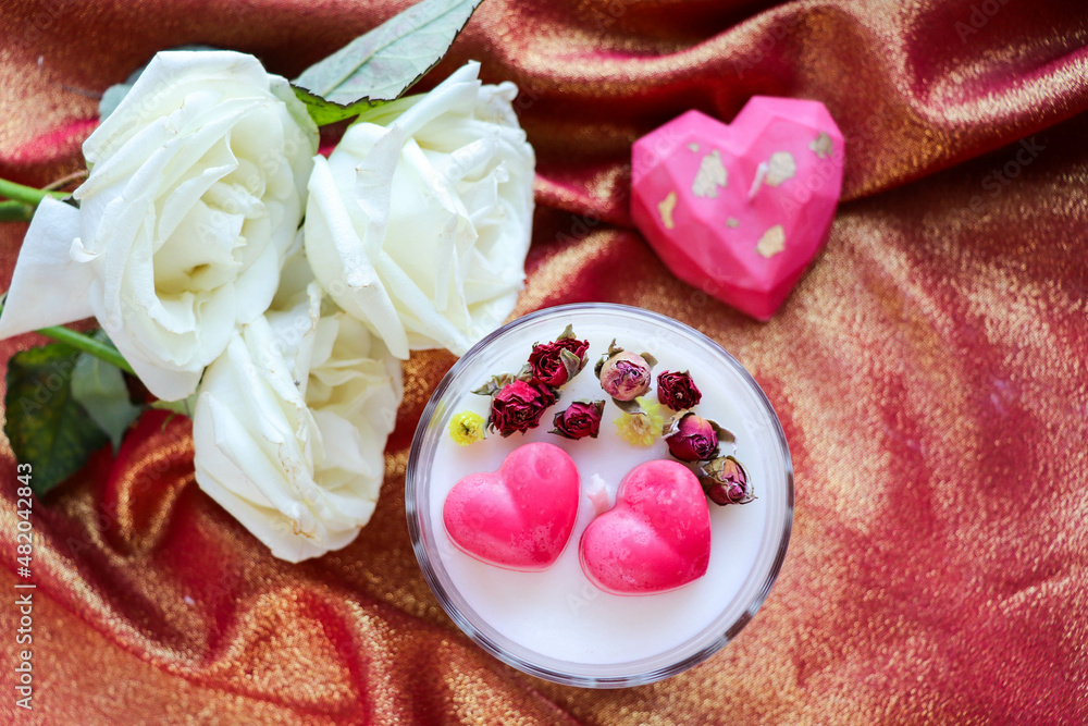gift concept for valentine's day. set of soy candles made of natural soy wax in a gift box gift concept for valentine's day. set of soy candles made of natural soy wax in a gift box