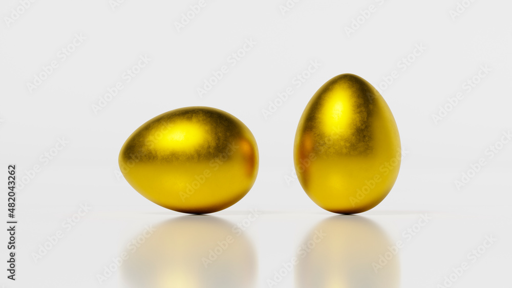3D rendering, two golden eggs on white background, banner, space for text, wallpaper