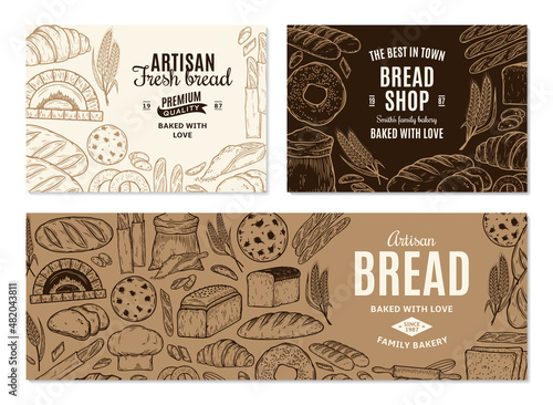 Vintage bakery banners with hand-drawn bakery products. Bread and bakery illustrations, vector food icons