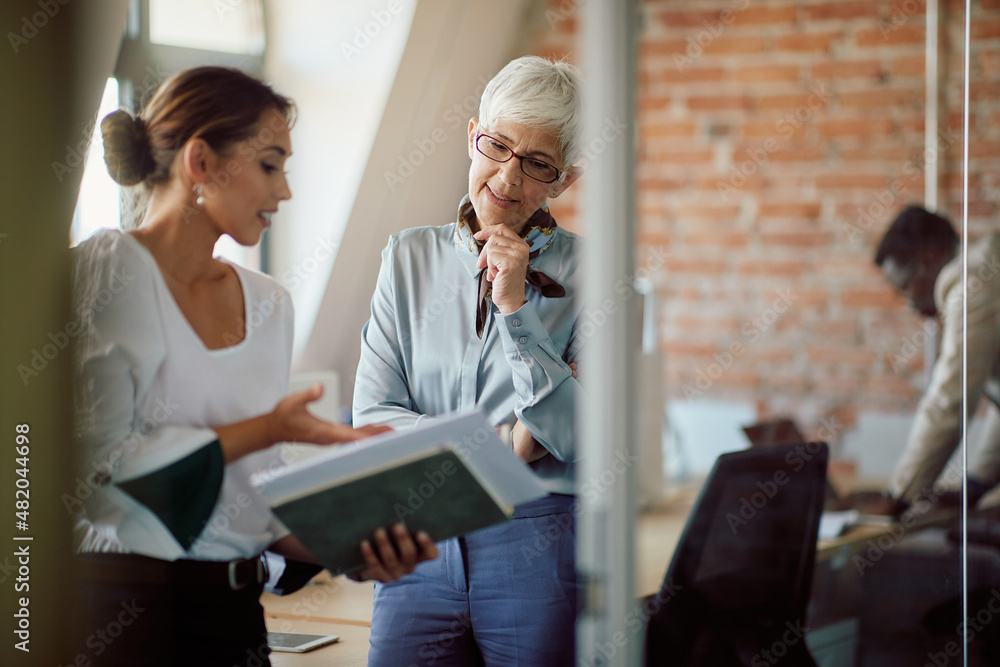 Mature business leader analyses documents with her assistant at corporate office. Mature business leader analyses documents with her assistant at corporate office.