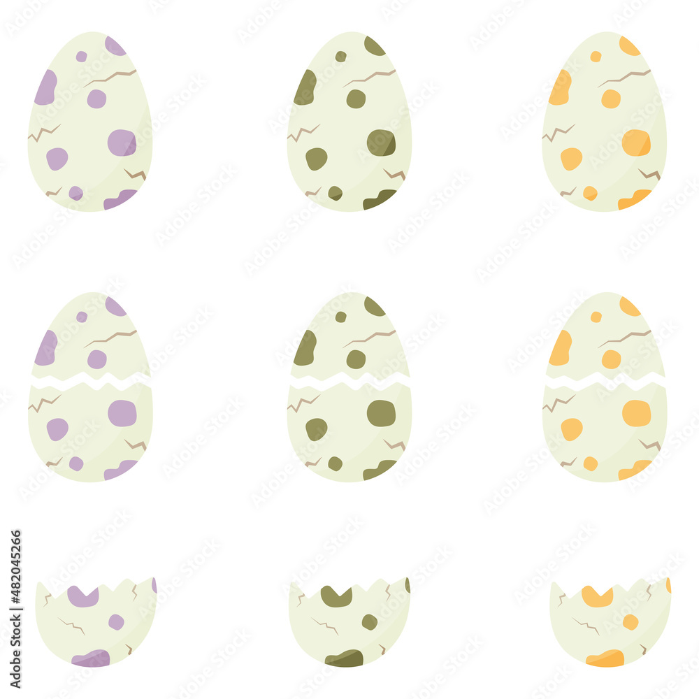 Set of spotted dinosaur eggs. Whole egg. cracked egg, half an egg Set of spotted dinosaur eggs. Whole egg. cracked egg, half an egg