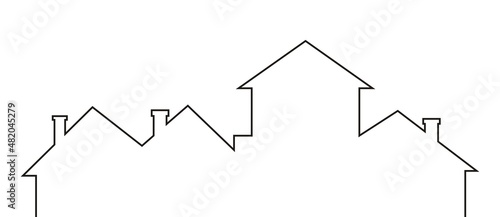 Group of houses, town, roofs and chimneys, black contour drawing, vector conceptual illustration photo