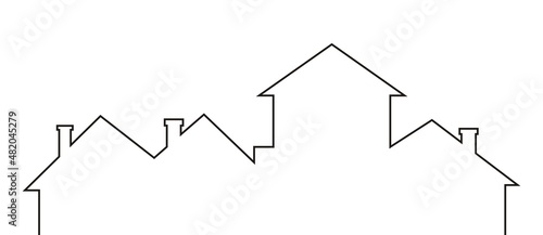 Group of houses, town, roofs and chimneys, black contour drawing, vector conceptual illustration