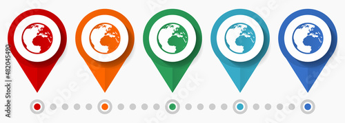 Globe, earth, world concept vector icon set, flat design pointers, infographic template