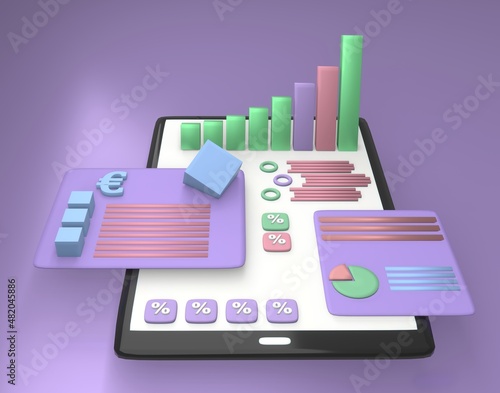 A tablet with volumetric images of applications on a purple background. Mobile app, software and web development with 3d shapes, bar graph. 3d visualization