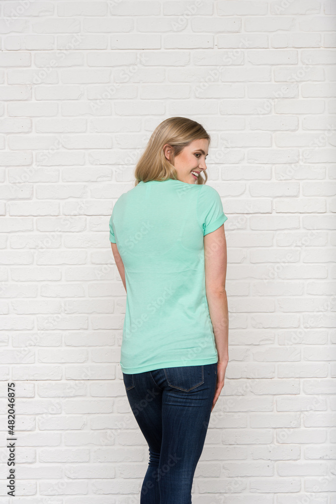 Graphic T-shirt Bella Canvas 3001 CVC Blank Mockup Tee Smiling Woman Model Heather Mint Graphic T-shirt Bella Canvas 3001 CVC Blank Mockup Tee Smiling Woman Model Heather Mint