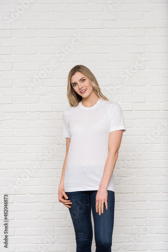 Graphic T-shirt Bella Canvas 3001 CVC Blank Mockup Tee Smiling Woman Model White