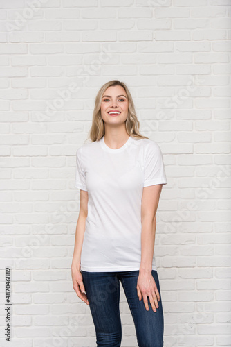Graphic T-shirt Bella Canvas 3001 CVC Blank Mockup Tee Smiling Woman Model White 