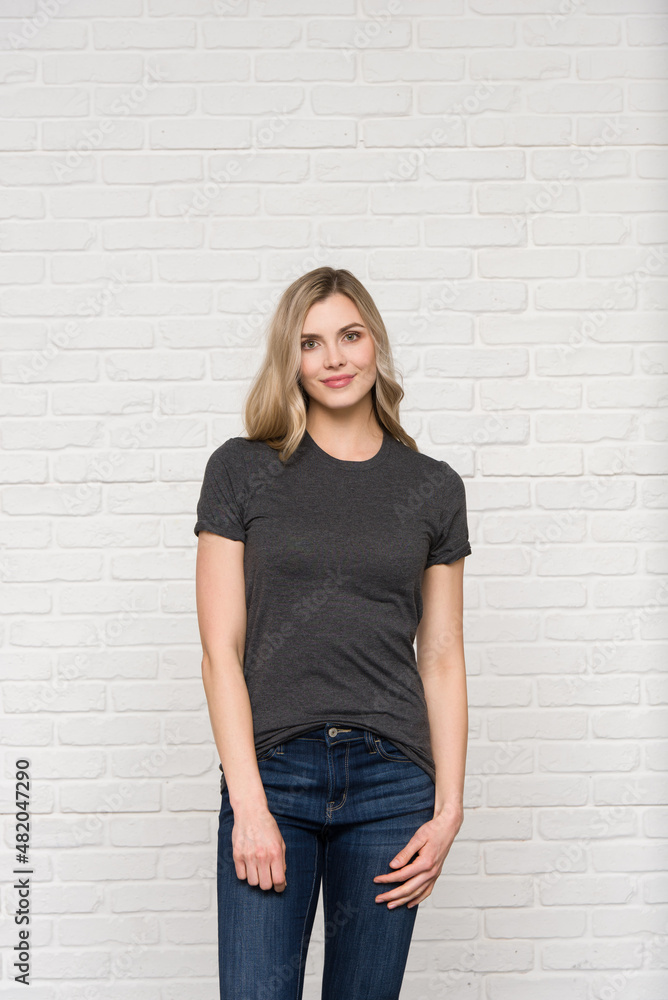 Graphic T-shirt Bella Canvas 3001 CVC Blank Mockup Tee Smiling Woman Model Dark Grey Heather Graphic T-shirt Bella Canvas 3001 CVC Blank Mockup Tee Smiling Woman Model Dark Grey Heather