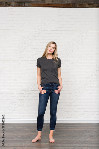 Graphic T-shirt Bella Canvas 3001 CVC Blank Mockup Tee Smiling Woman Model  Dark Grey Heather © Boxels