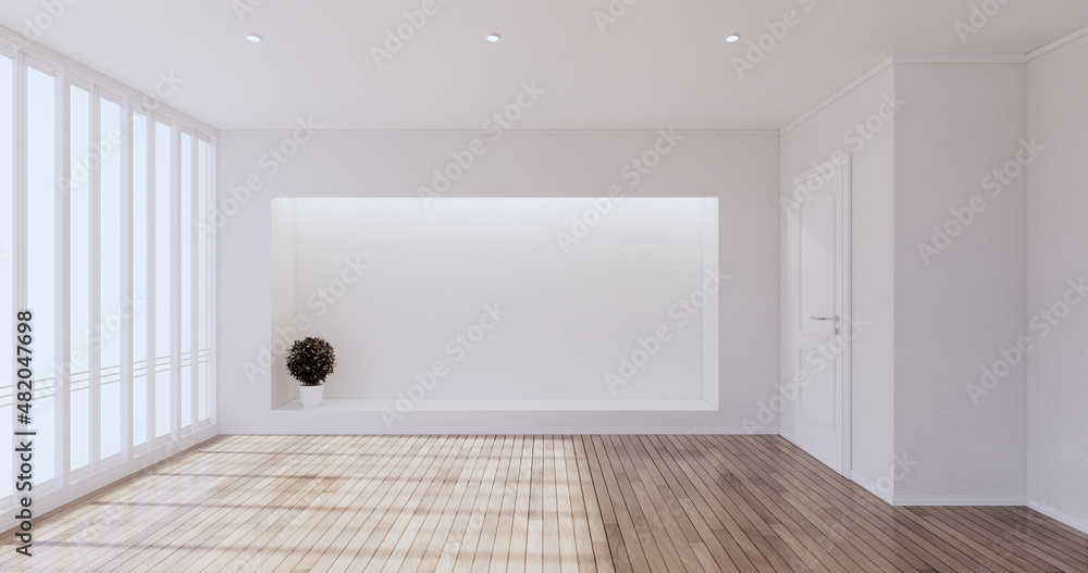 Fototapeta premium Cleaning room, Modern room empty white wall on tiles floor. 3D rendering