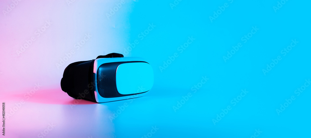 VR helmet virtual reality. 3d digital glasses on futuristic neon tech ...