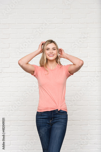 Heather Sunset Graphic T-shirt Bella Canvas 3001 Blank Mockup Tee Female Blonde Smiling Woman Model 