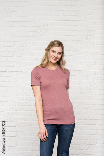Heather Mauve Graphic T-shirt Bella Canvas 3001 Blank Mockup Tee Female Blonde Smiling Woman Model 