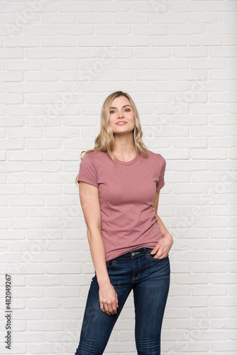 Heather Mauve Graphic T-shirt Bella Canvas 3001 Blank Mockup Tee Female Blonde Smiling Woman Model  © Boxels