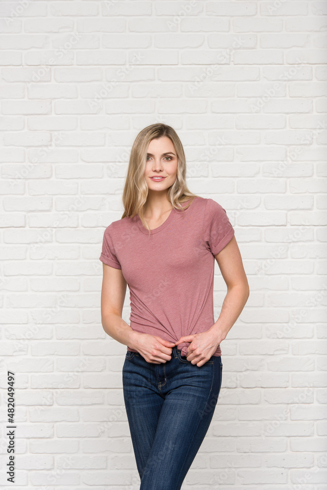 Heather Mauve Natural Graphic T-shirt Bella Canvas 3001 Blank Mockup Tee Female Blonde Smiling Woman Model Heather Mauve Natural Graphic T-shirt Bella Canvas 3001 Blank Mockup Tee Female Blonde Smiling Woman Model
