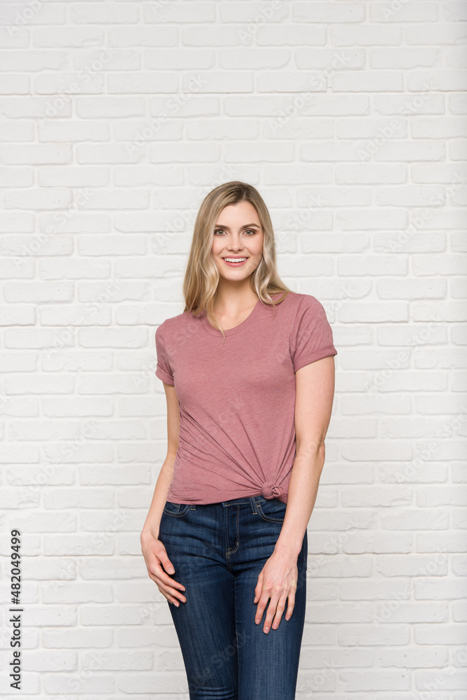 Heather Mauve Natural Graphic T-shirt Bella Canvas 3001 Blank Mockup Tee Female Blonde Smiling Woman Model Heather Mauve Natural Graphic T-shirt Bella Canvas 3001 Blank Mockup Tee Female Blonde Smiling Woman Model