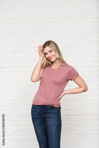 Heather Mauve Natural Graphic T-shirt Bella Canvas 3001 Blank Mockup Tee Female Blonde Smiling Woman Model  © Boxels