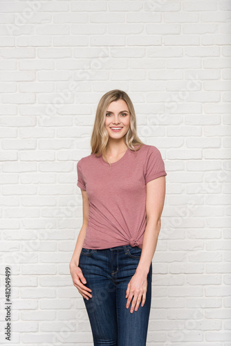Heather Mauve Natural Graphic T-shirt Bella Canvas 3001 Blank Mockup Tee Female Blonde Smiling Woman Model 