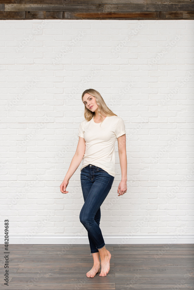 Natural Graphic T-shirt Bella Canvas 3001 Blank Mockup Tee Female Blonde Smiling Woman Model Natural Graphic T-shirt Bella Canvas 3001 Blank Mockup Tee Female Blonde Smiling Woman Model