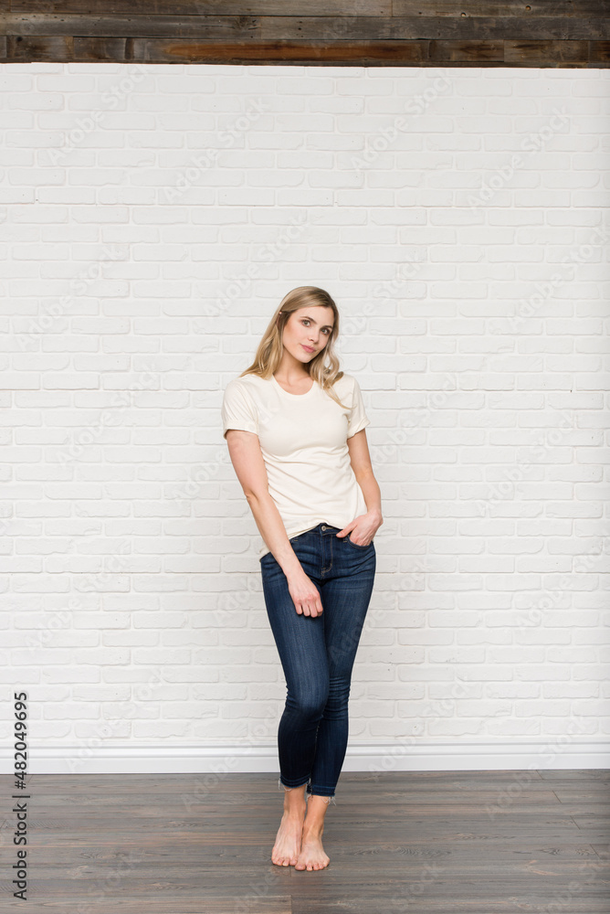 Natural Graphic T-shirt Bella Canvas 3001 Blank Mockup Tee Female Blonde Smiling Woman Model Natural Graphic T-shirt Bella Canvas 3001 Blank Mockup Tee Female Blonde Smiling Woman Model