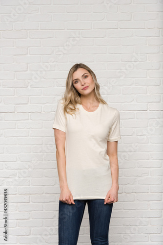 Natural Graphic T-shirt Bella Canvas 3001 Blank Mockup Tee Female Blonde Smiling Woman Model 
