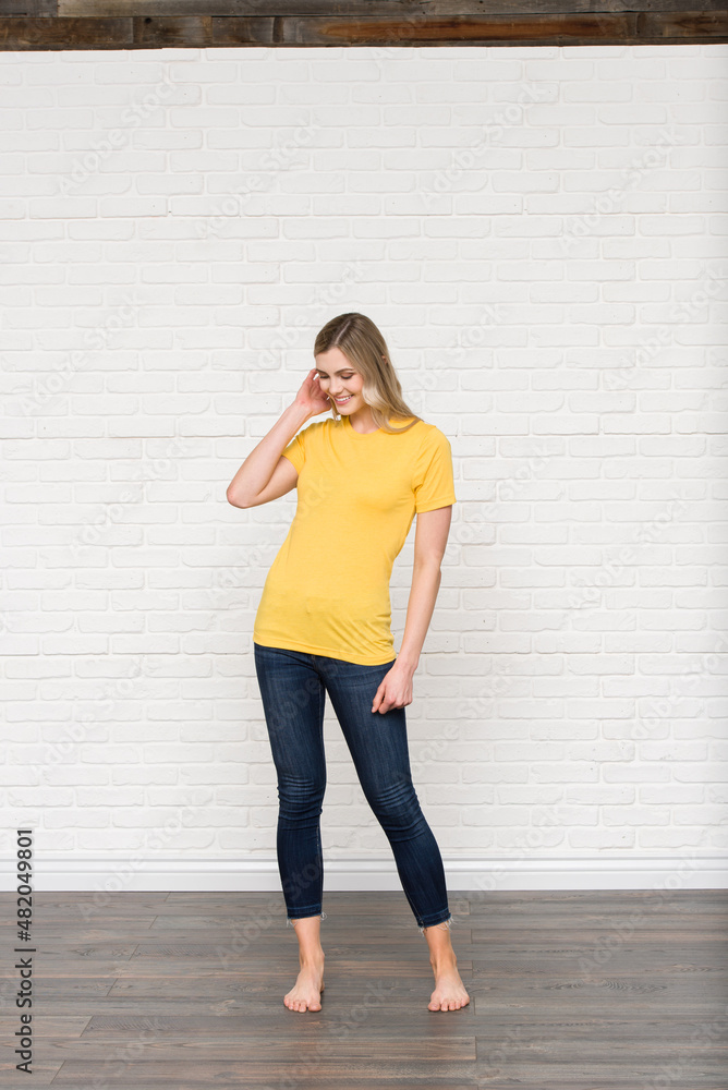 Heather Yellow Gold Graphic T-shirt Bella Canvas 3001 Blank Mockup Tee Female Blonde Smiling Woman Model Heather Yellow Gold Graphic T-shirt Bella Canvas 3001 Blank Mockup Tee Female Blonde Smiling Woman Model