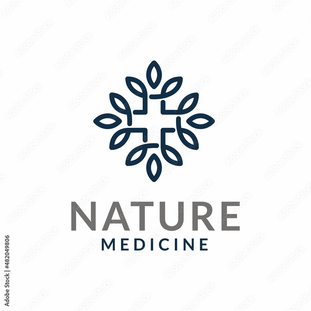 Pharmacy Cross with Organic Flower Leaf for Natural Medicine Hospital Aid Medical Emergency logo design Pharmacy Cross with Organic Flower Leaf for Natural Medicine Hospital Aid Medical Emergency logo design