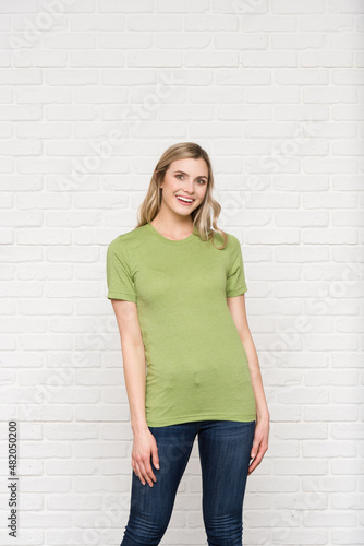 Heather Green Graphic T-shirt Bella Canvas 3001 Blank Mockup Tee Female Blonde Smiling Woman Model 