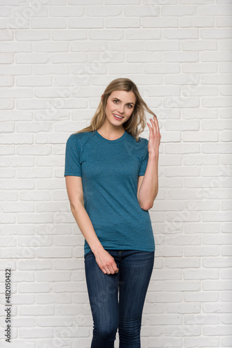 Heather Deep Teal Graphic T-shirt Bella Canvas 3001 Blank Mockup Tee Female Blonde Smiling Woman Model 