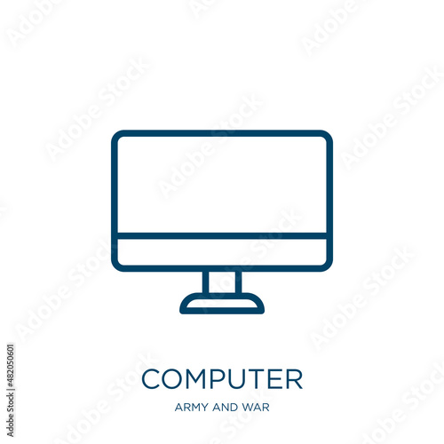 computer icon from army and war collection. Thin linear computer, button, arrow outline icon isolated on white background. Line vector computer sign, symbol for web and mobile