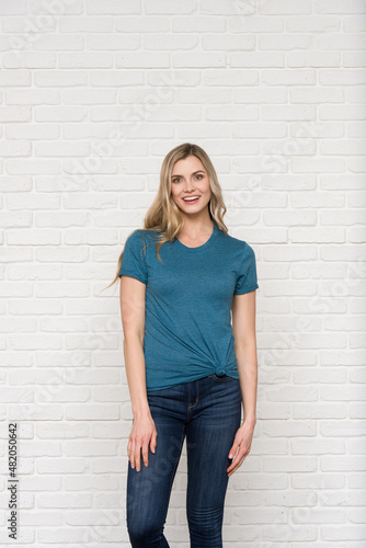 Heather Deep Teal Graphic T-shirt Bella Canvas 3001 Blank Mockup Tee Female Blonde Smiling Woman Model 