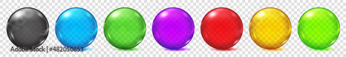 Set of translucent colored spheres with glares and shadows on transparent background. Transparency only in vector format