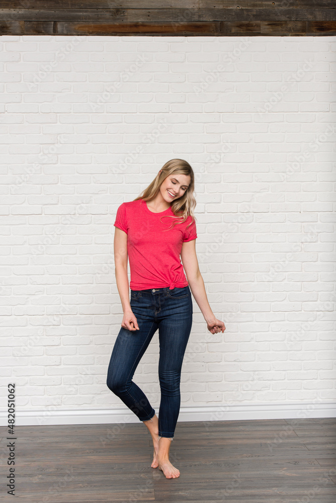 Fuchsia Graphic T-shirt Bella Canvas 3001 Blank Mockup Tee Female Blonde Smiling Woman Model Fuchsia Graphic T-shirt Bella Canvas 3001 Blank Mockup Tee Female Blonde Smiling Woman Model