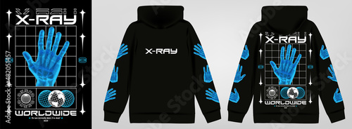 Modern poster with text "X-Ray". In Techno style, stylish print for streetwear, print for t-shirts and hoodies, isolated on black background