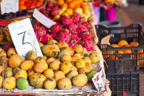 Tropical fruit for sale on market stall