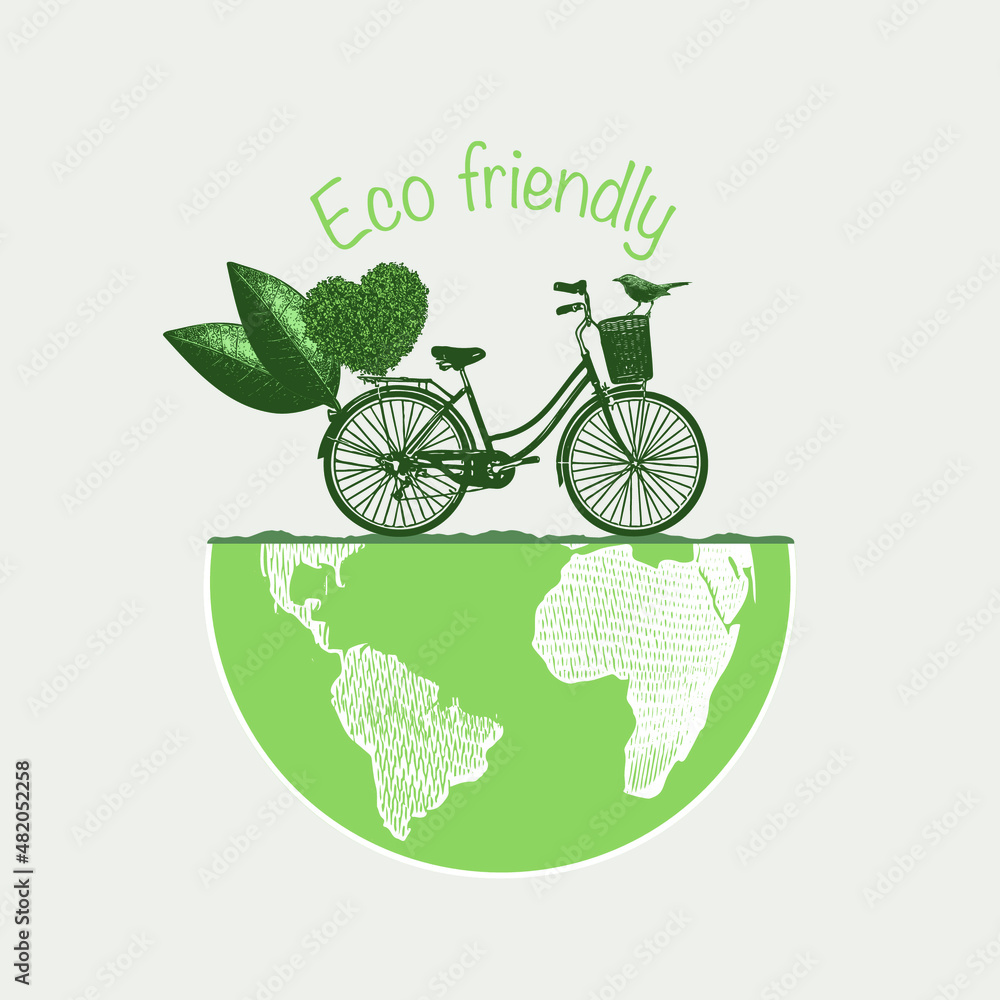 Obraz premium Eco friendly illustration.Environment theme, icon, green earth with bike.