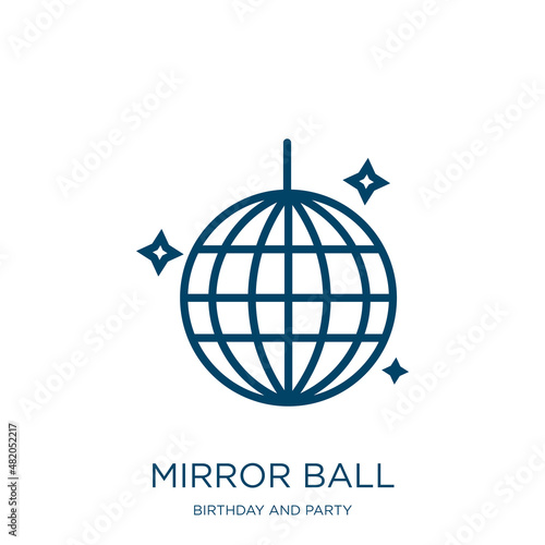 mirror ball icon from birthday and party collection. Thin linear mirror ball, ball, round outline icon isolated on white background. Line vector mirror ball sign, symbol for web and mobile