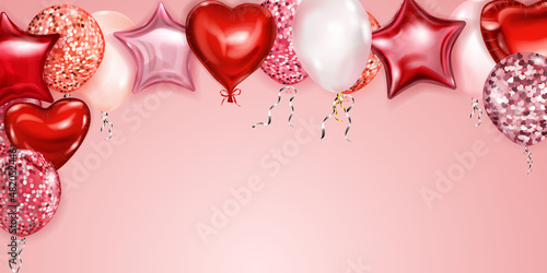 Vector illustration with flying colored helium balloons in various shapes and colors on pink background