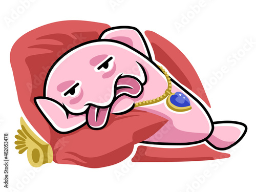 Funny sarcastic blobfish with diamond heart pendant lie on a red sofa