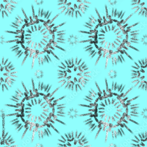 Seamless blue geometric pattern of mandalas, flowers. Retro style. Design of the background, interior, wallpaper, textiles, fabric, packaging.