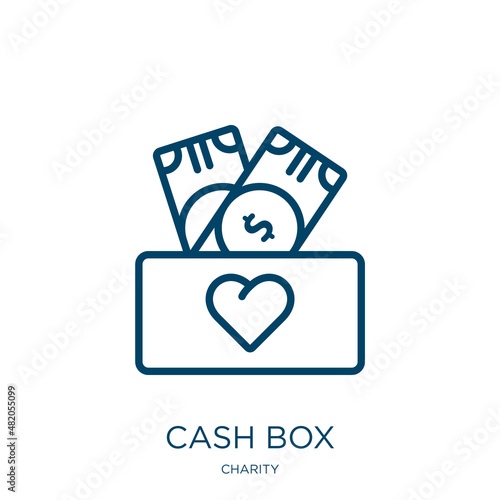 cash box icon from charity collection. Thin linear cash box, basket, buy outline icon isolated on white background. Line vector cash box sign, symbol for web and mobile