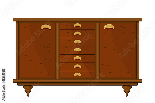 Chest of drawers isolated on white background. Brown wooden commode on little legs.Piece of bedroom furniture and home interior.Dresser or bedside table for bedroom and living room.Vector illustration