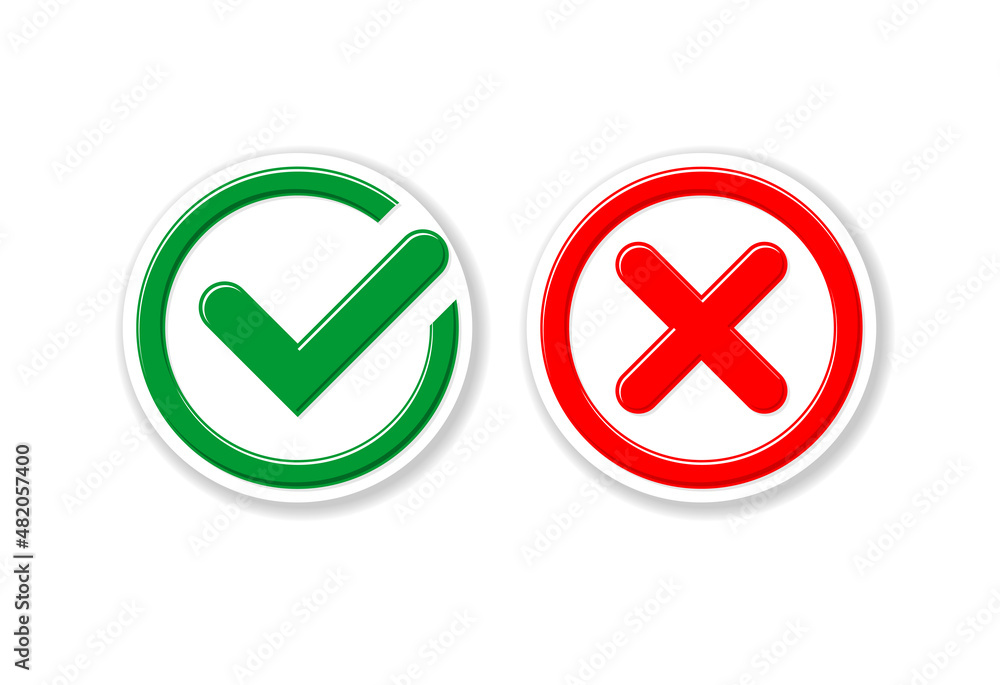 Yes or no, approved or rejected green and red checkmarks in round for buttons or stickers. Illustration, vector Yes or no, approved or rejected green and red checkmarks in round for buttons or stickers. Illustration, vector